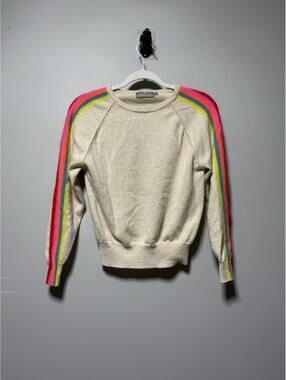 Brodie 100% Cashmere Rainbow Stripe Sleeve Crew Neck Sweater Beige Cream XS